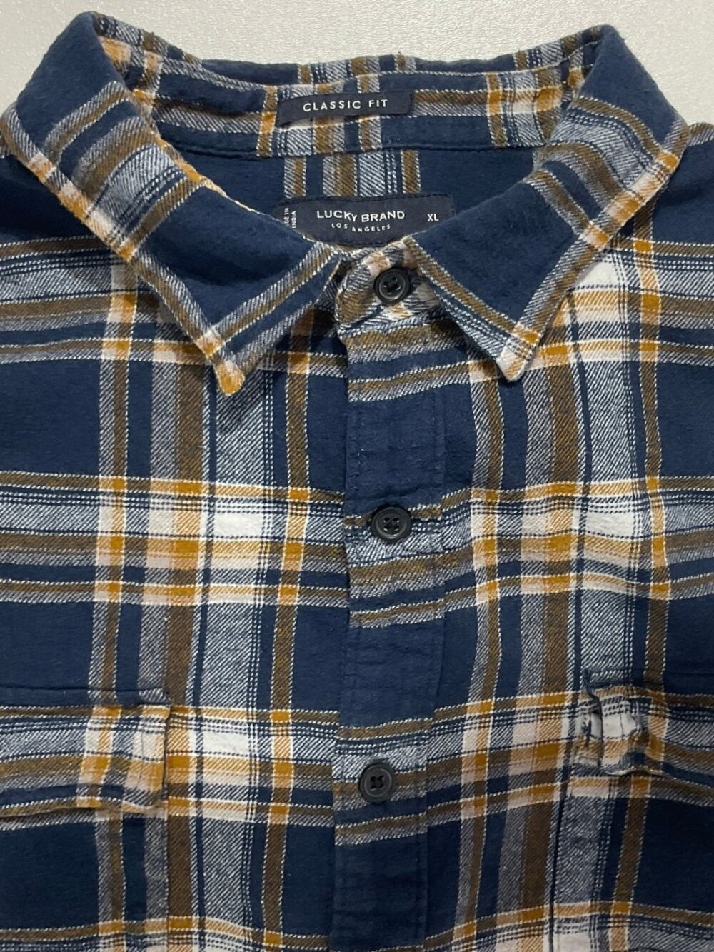 Lucky Sz XL Mens Flannel Classic Fit Navy & Yellow Plaid Button Down Shirt